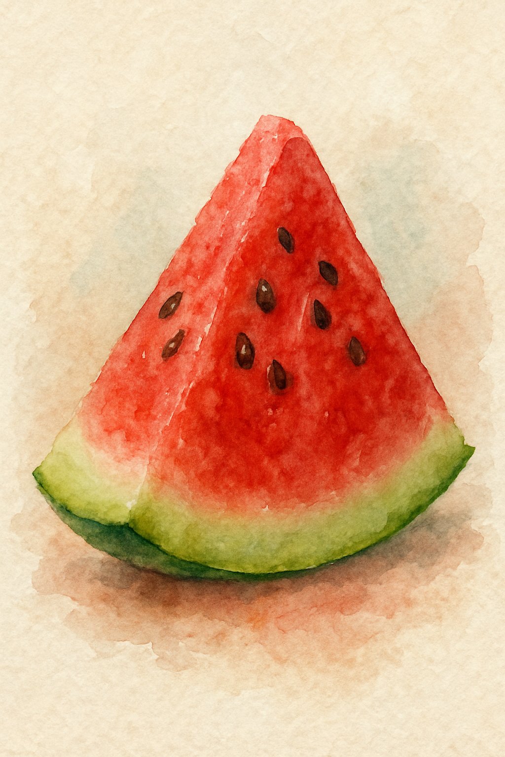 A close-up of a ripe watermelon slice with red flesh and green rind on a white background.