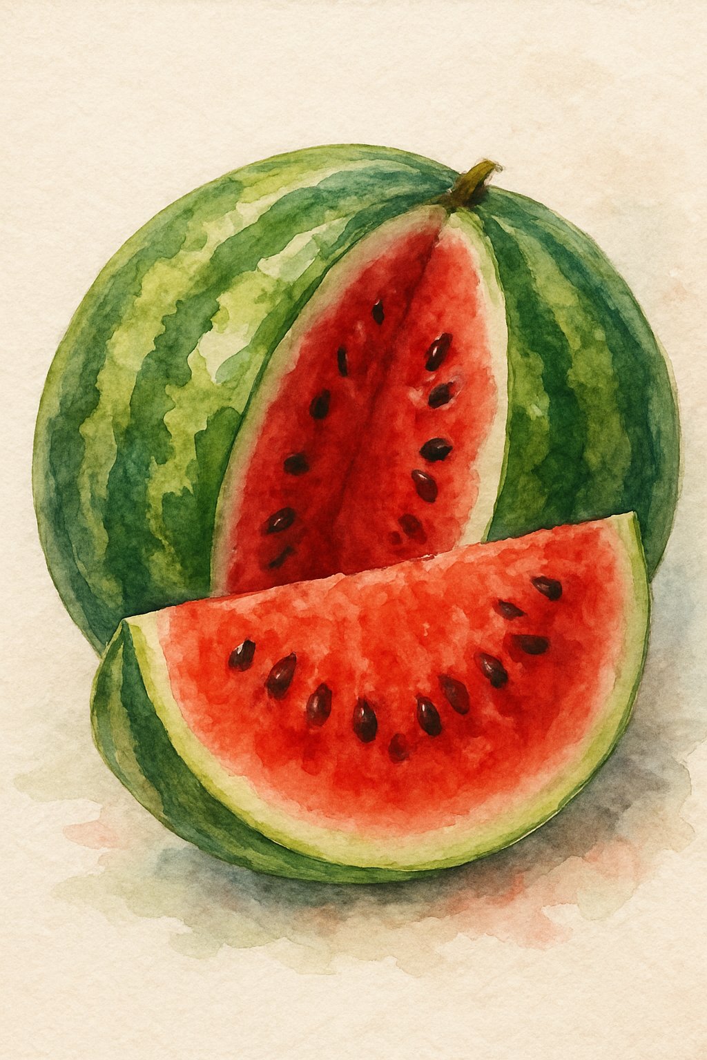 A sliced watermelon showing red flesh and green rind on a plain background.