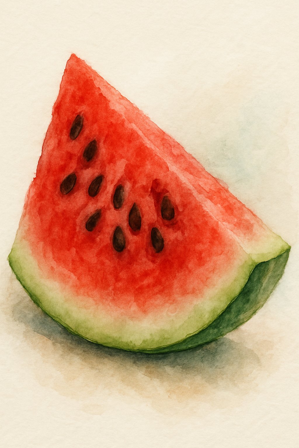 A close-up view of a ripe watermelon slice with red flesh, black seeds, and a green rind.