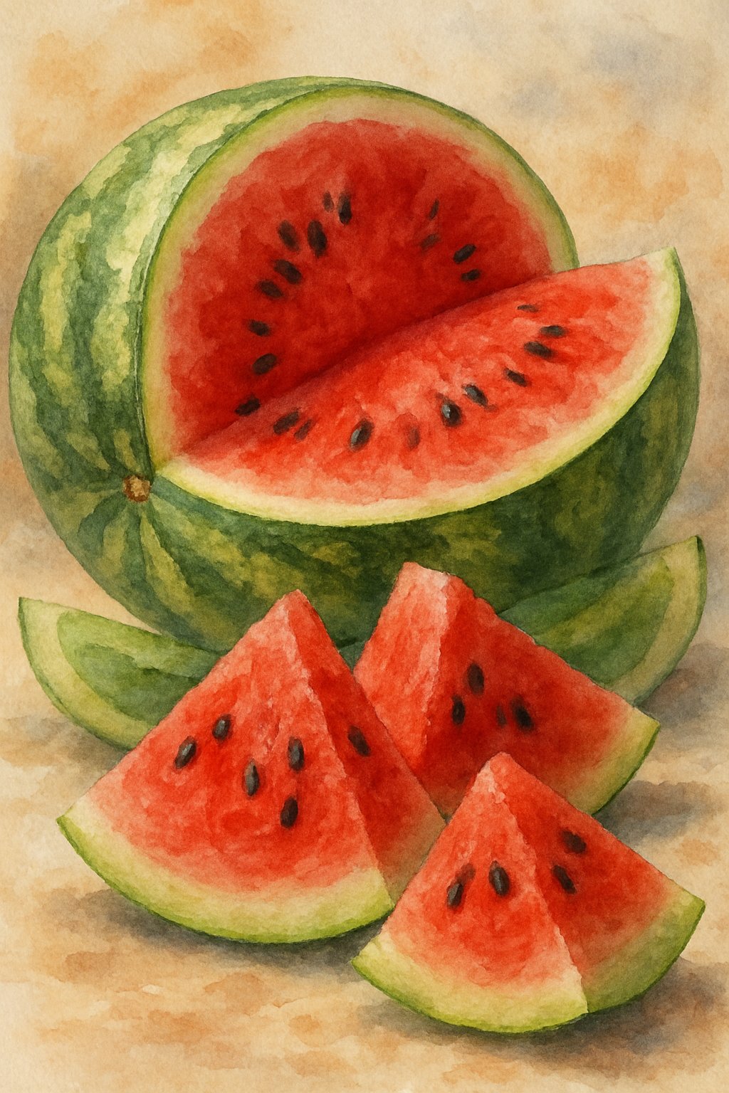 A close-up view of a sliced watermelon showing red flesh with black seeds and green rind.