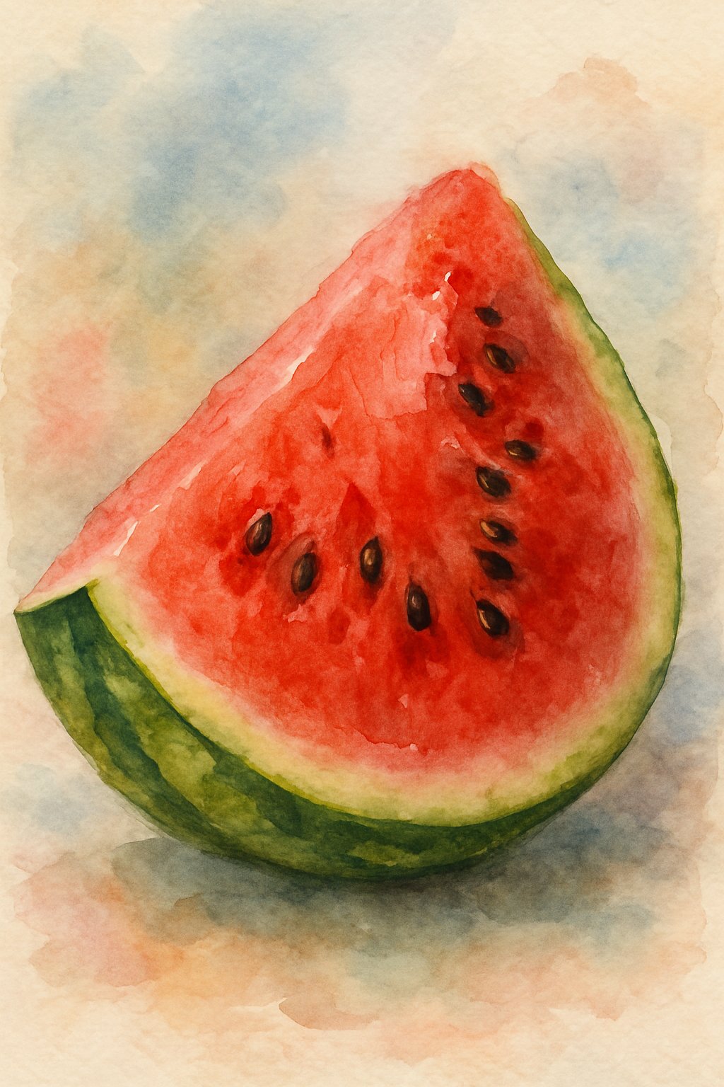 A close-up view of a sliced watermelon showing the red flesh with seeds and green rind.