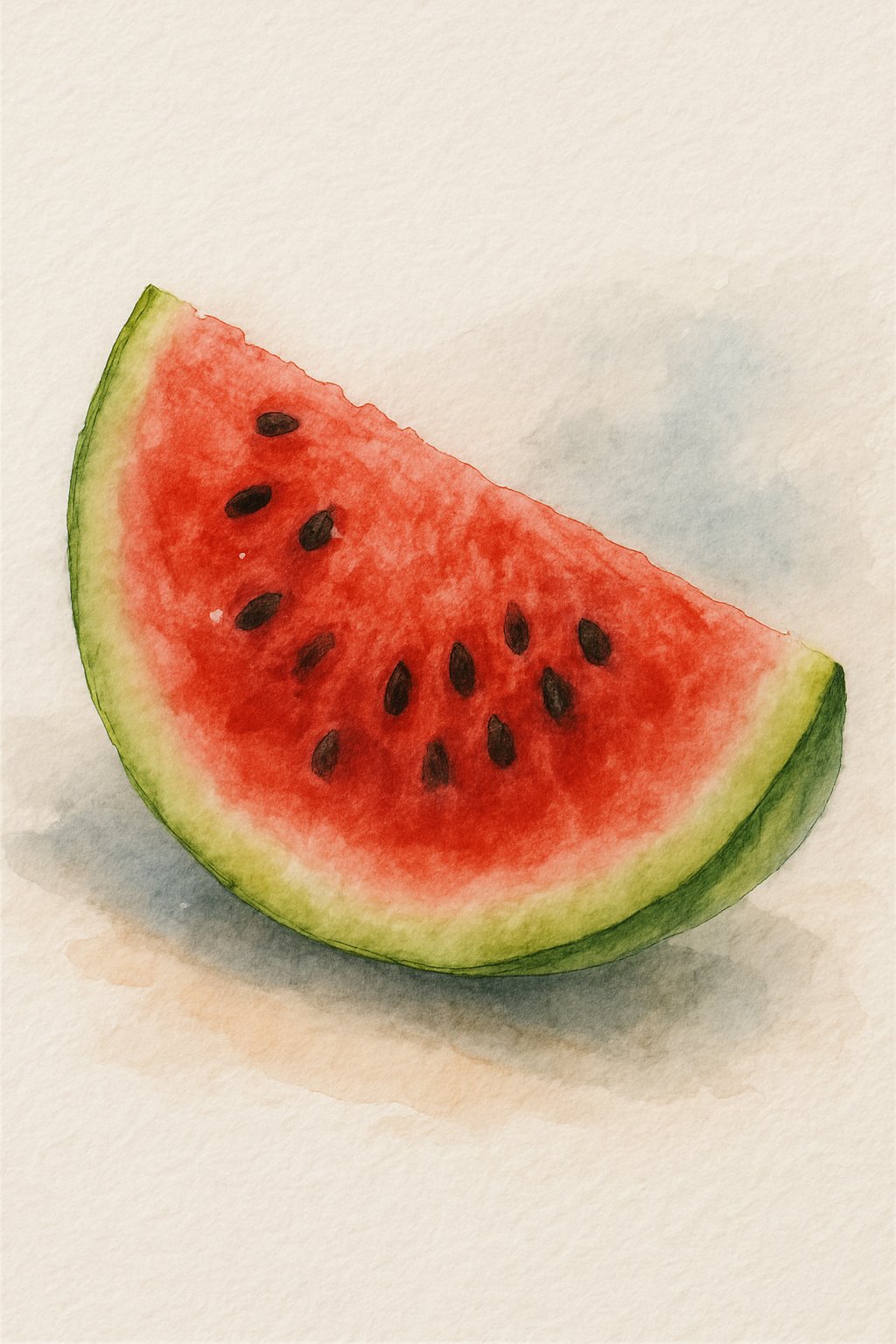 A sliced watermelon resting on a light surface with red flesh, black seeds, and a green rind.