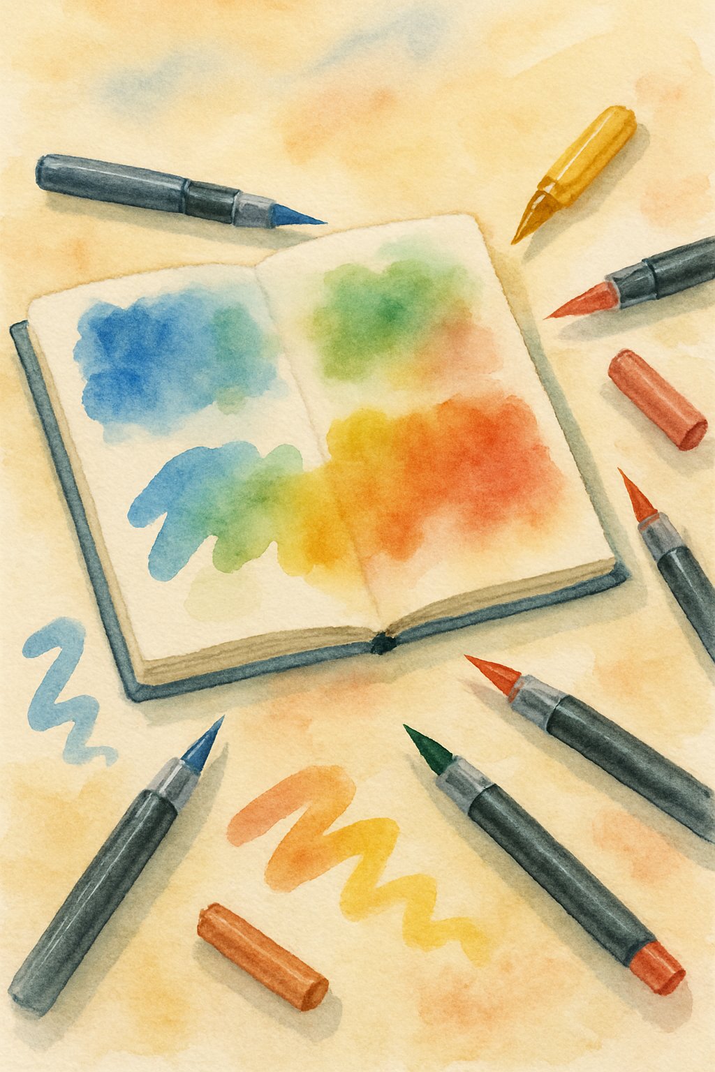 An open guidebook surrounded by watercolor brush pens and colorful brush strokes on paper.