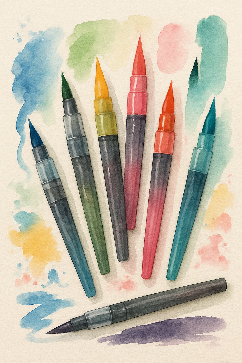 An artistic arrangement of colorful watercolor brush pens with soft, blended strokes and splashes around them.