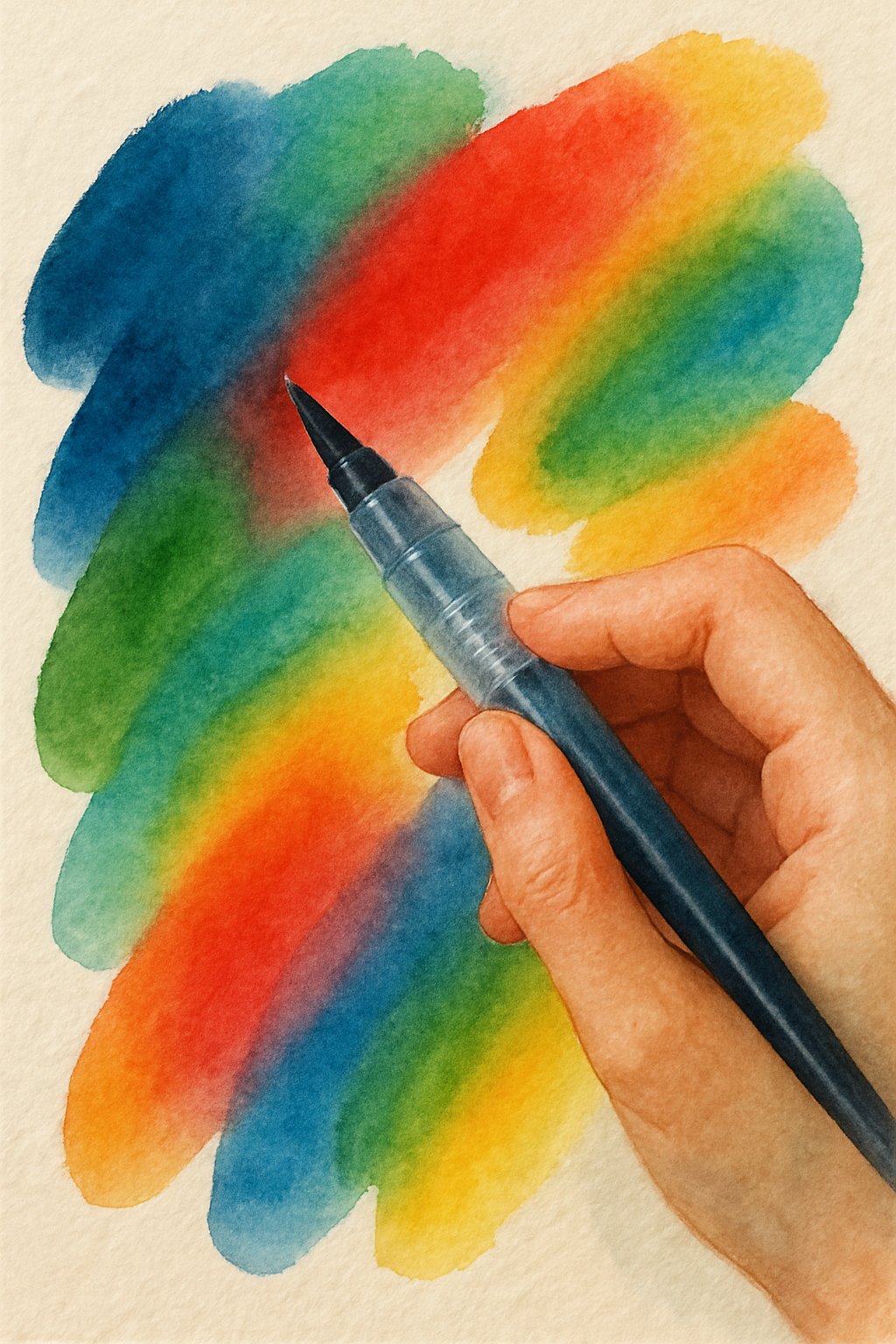 Close-up of a hand using watercolor brush pens to blend and mix vibrant colors on paper.
