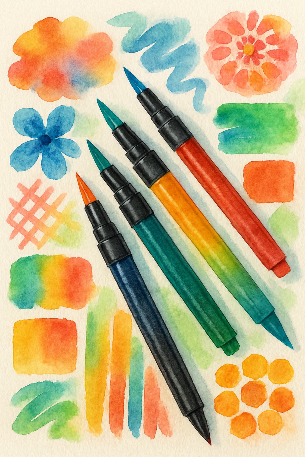 An arrangement of watercolor brush pens with colorful paint swatches and abstract floral and geometric patterns on textured paper.
