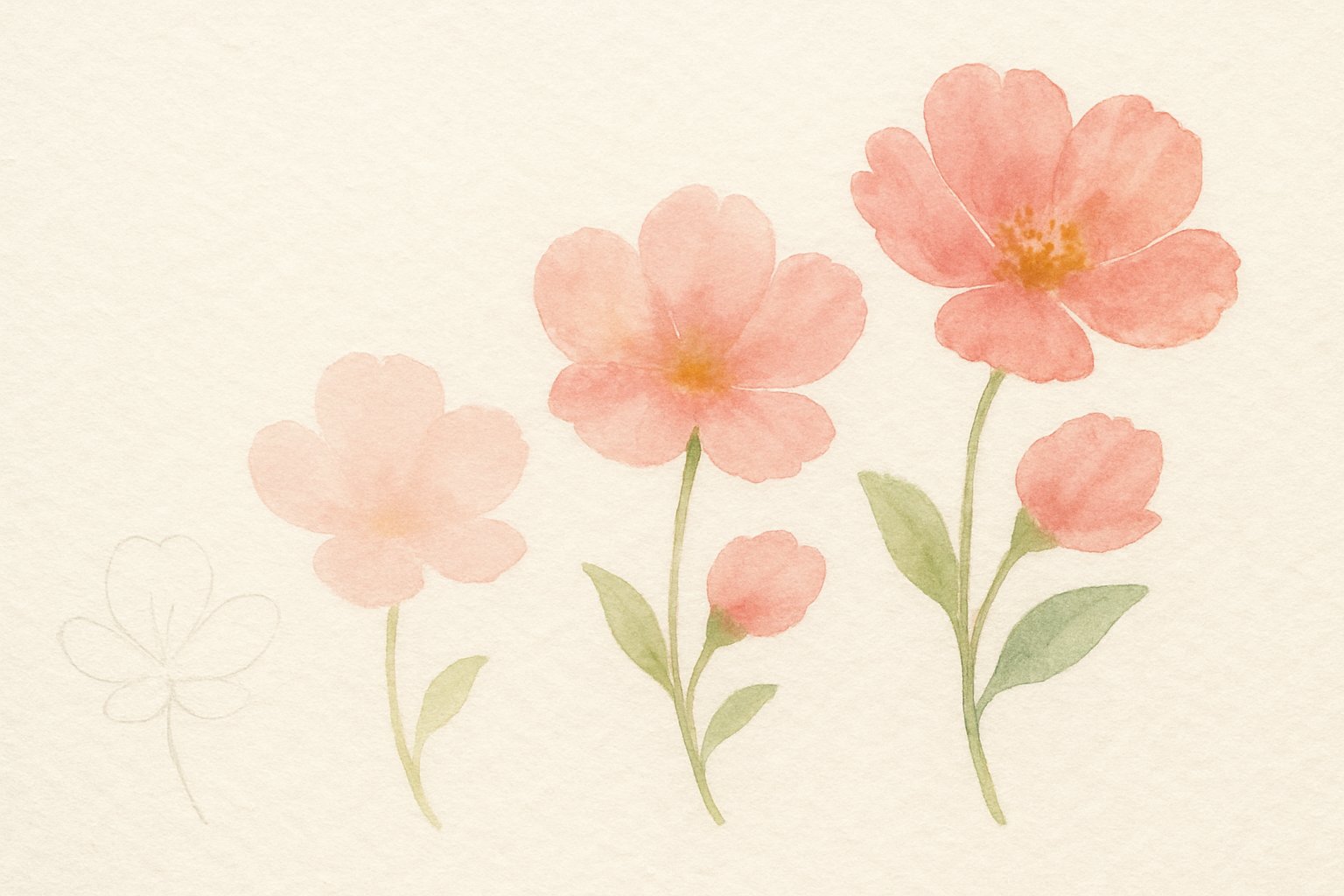 A watercolor illustration showing a step-by-step progression of painting delicate flowers in soft pastel colors on textured off-white paper, arranged simply with generous white space.