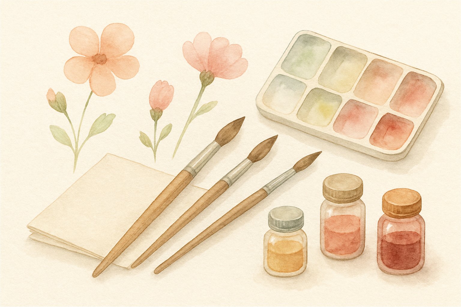 A watercolor painting showing flower painting materials including brushes, pigment jars, a mixing palette, and flower blooms arranged simply on textured paper.