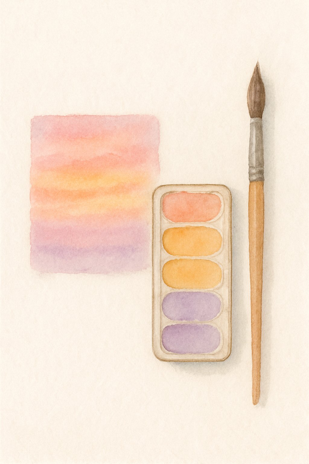A paintbrush and a small palette with pastel paints arranged on a light surface.