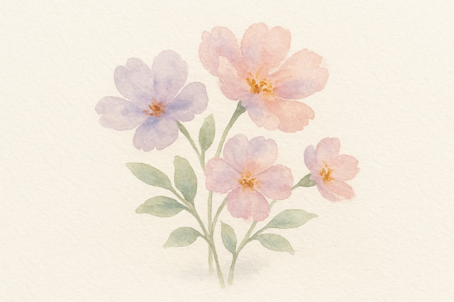 A watercolor painting of a softly colored flower arrangement on off-white textured paper with gentle shadows and delicate petals.