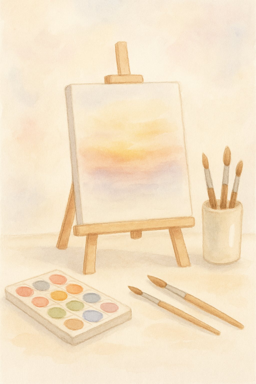 An artist's workspace with a blank canvas on an easel and paintbrushes arranged nearby.
