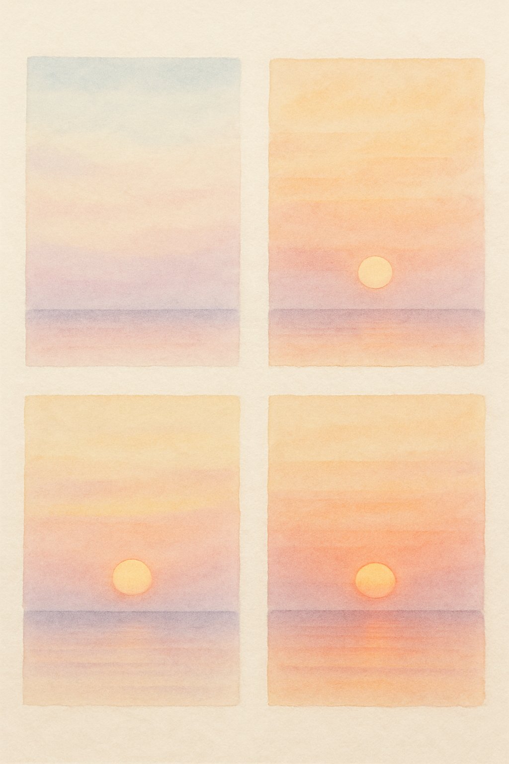 A peaceful sunset over a calm horizon with soft pastel colors blending in the sky.