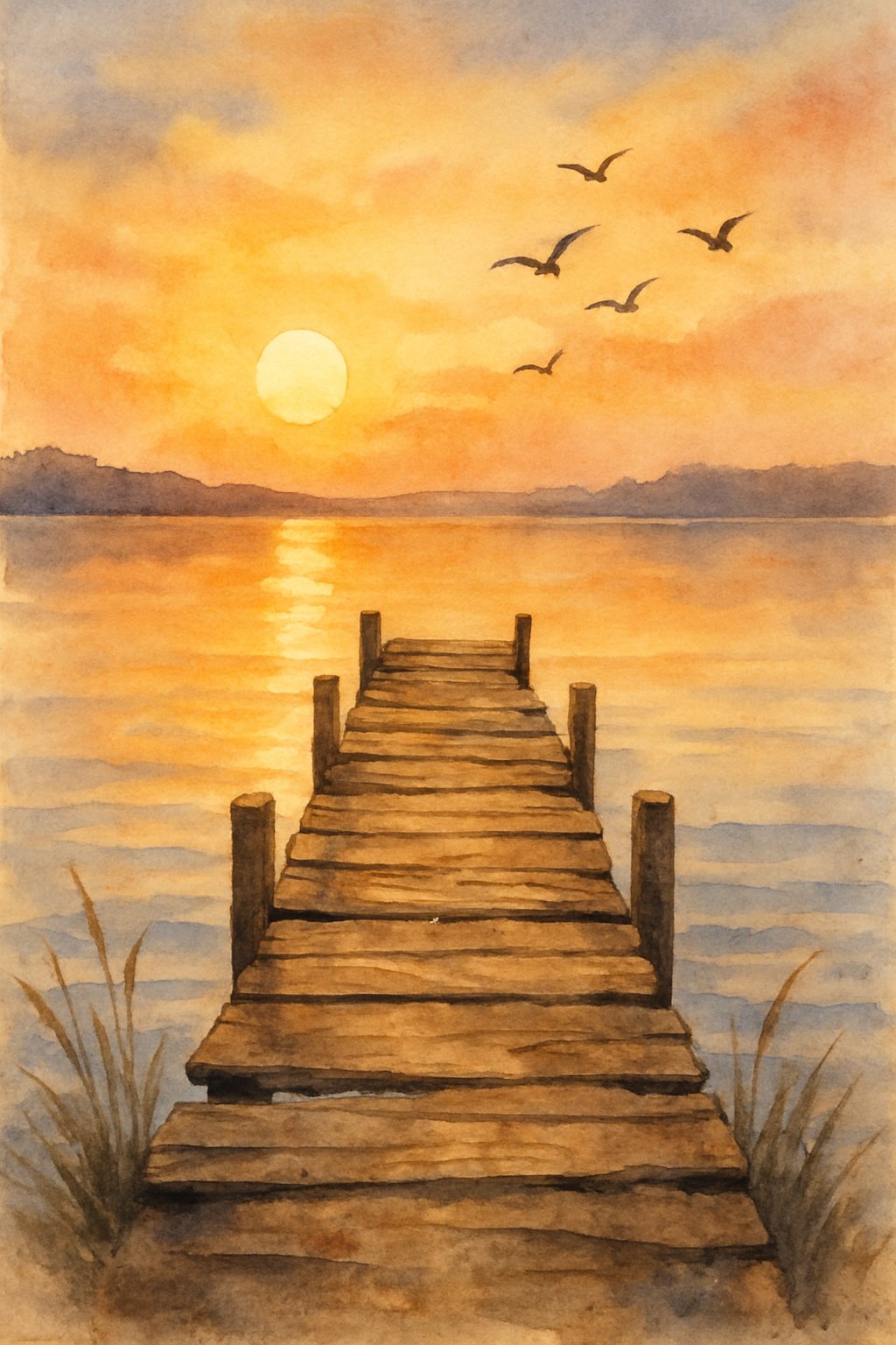 A wooden pier stretches over a calm lake at sunset with birds flying above and the sky reflecting on the water.
