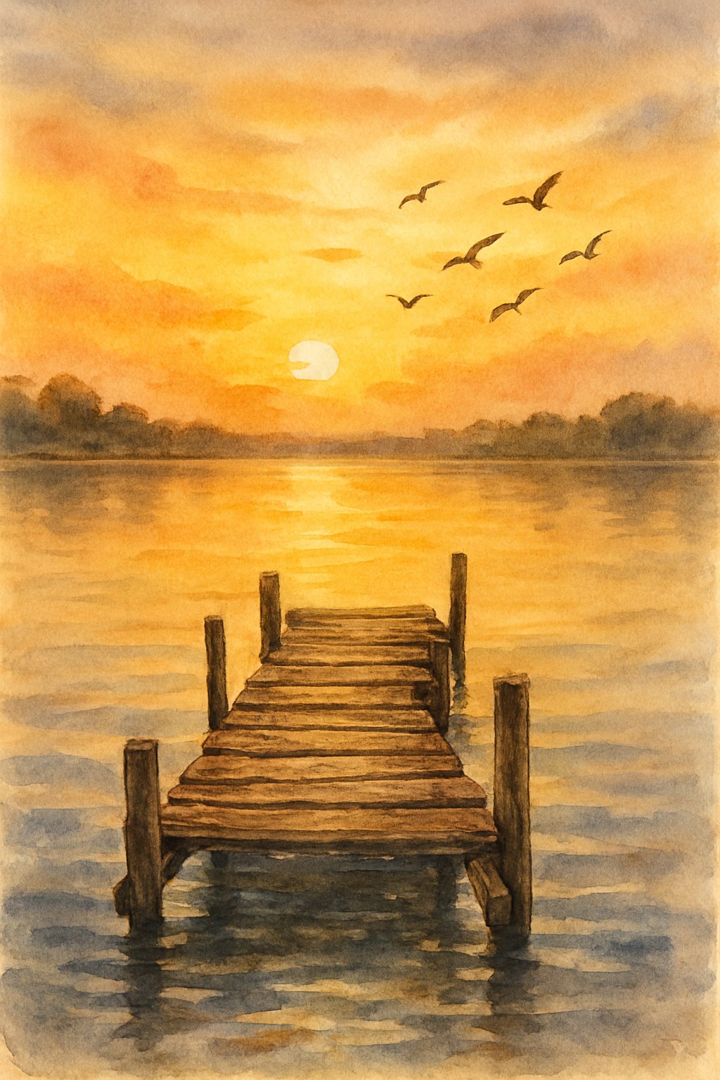 A rustic wooden pier extending into a calm lake with a golden sunset sky and birds flying overhead.