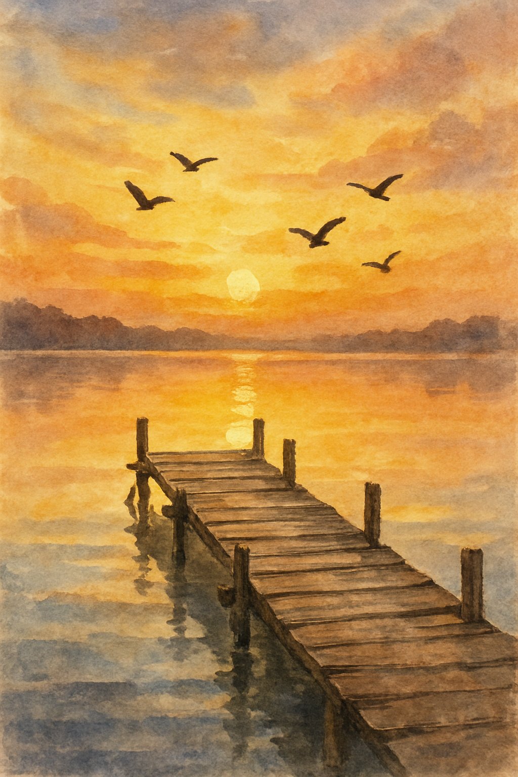 A wooden pier over a calm lake at sunset with birds flying in the sky.