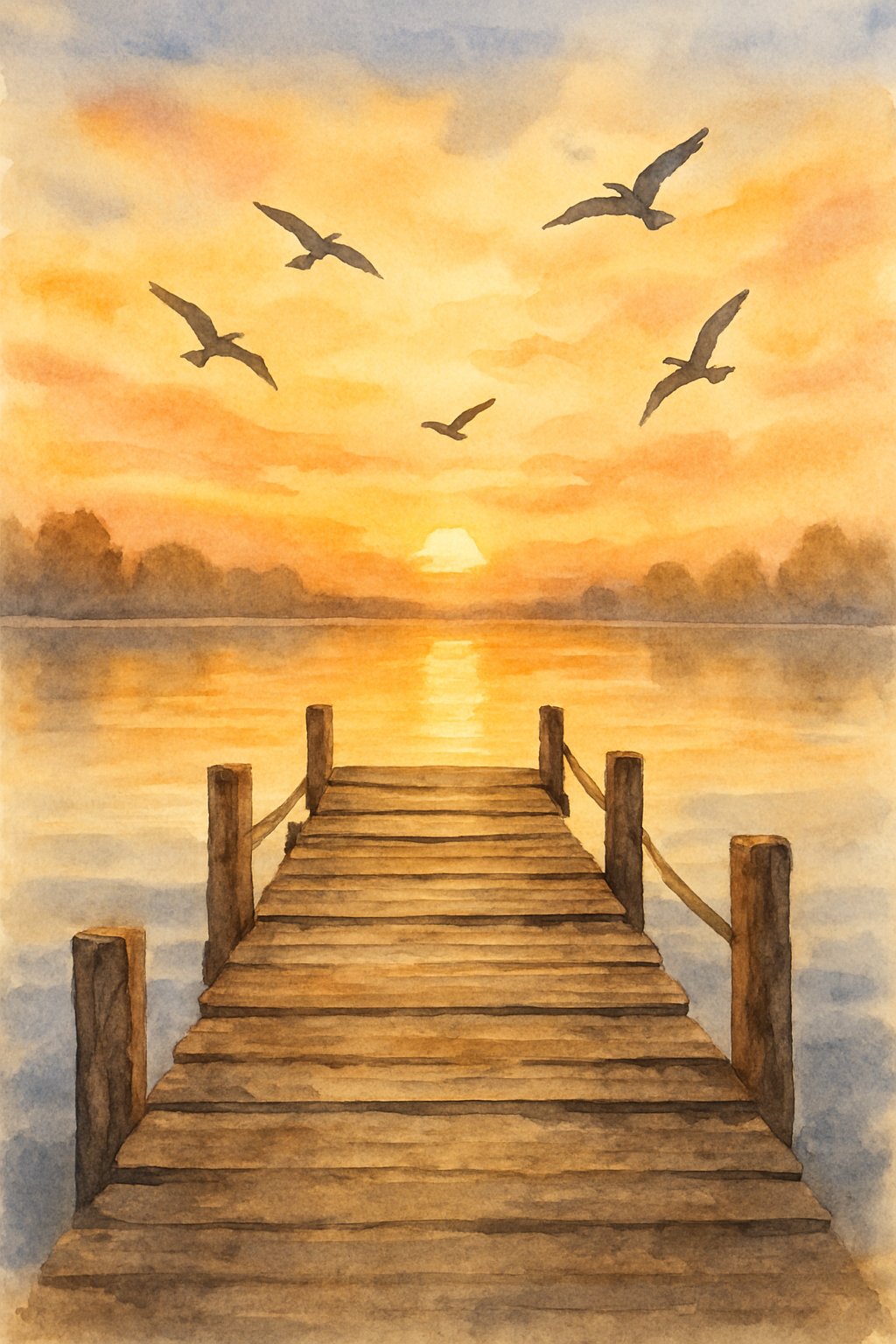 A rustic wooden pier extends over a calm lake with a golden sunset sky and birds flying above.