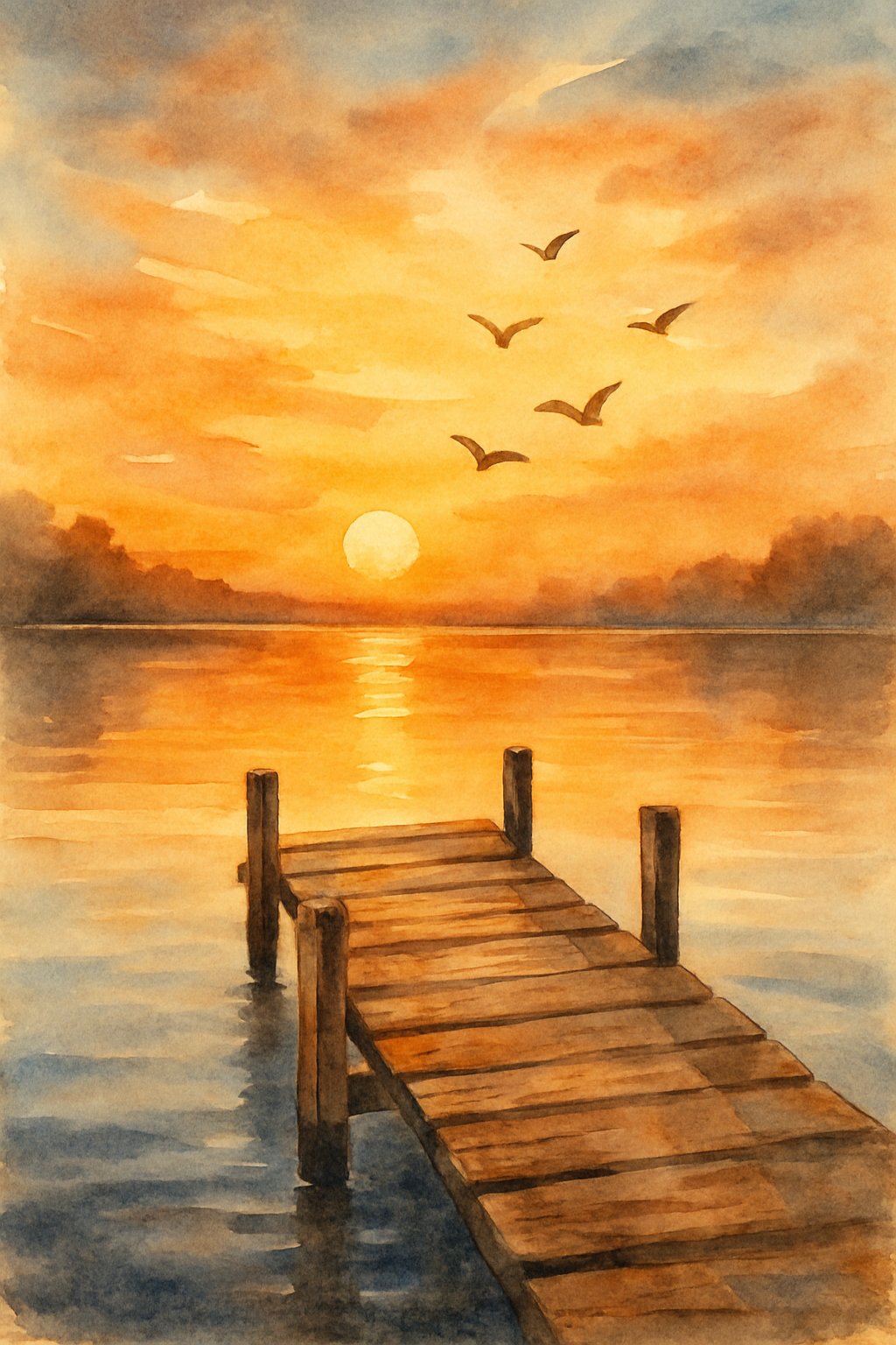 A wooden pier extending over a calm lake at sunset with birds flying in the sky.