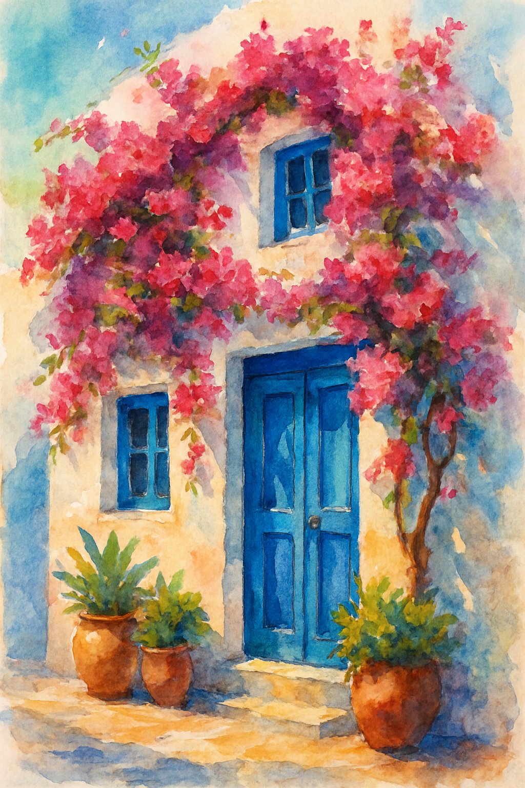 A Greek island house with white walls, blue doors and windows, blooming pink flowers, and terracotta pots in a peaceful seaside village.