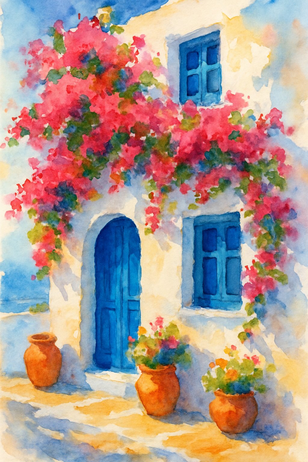 A Greek island house with white walls, blue doors and windows, blooming bougainvillea, and terracotta pots in a peaceful seaside village.