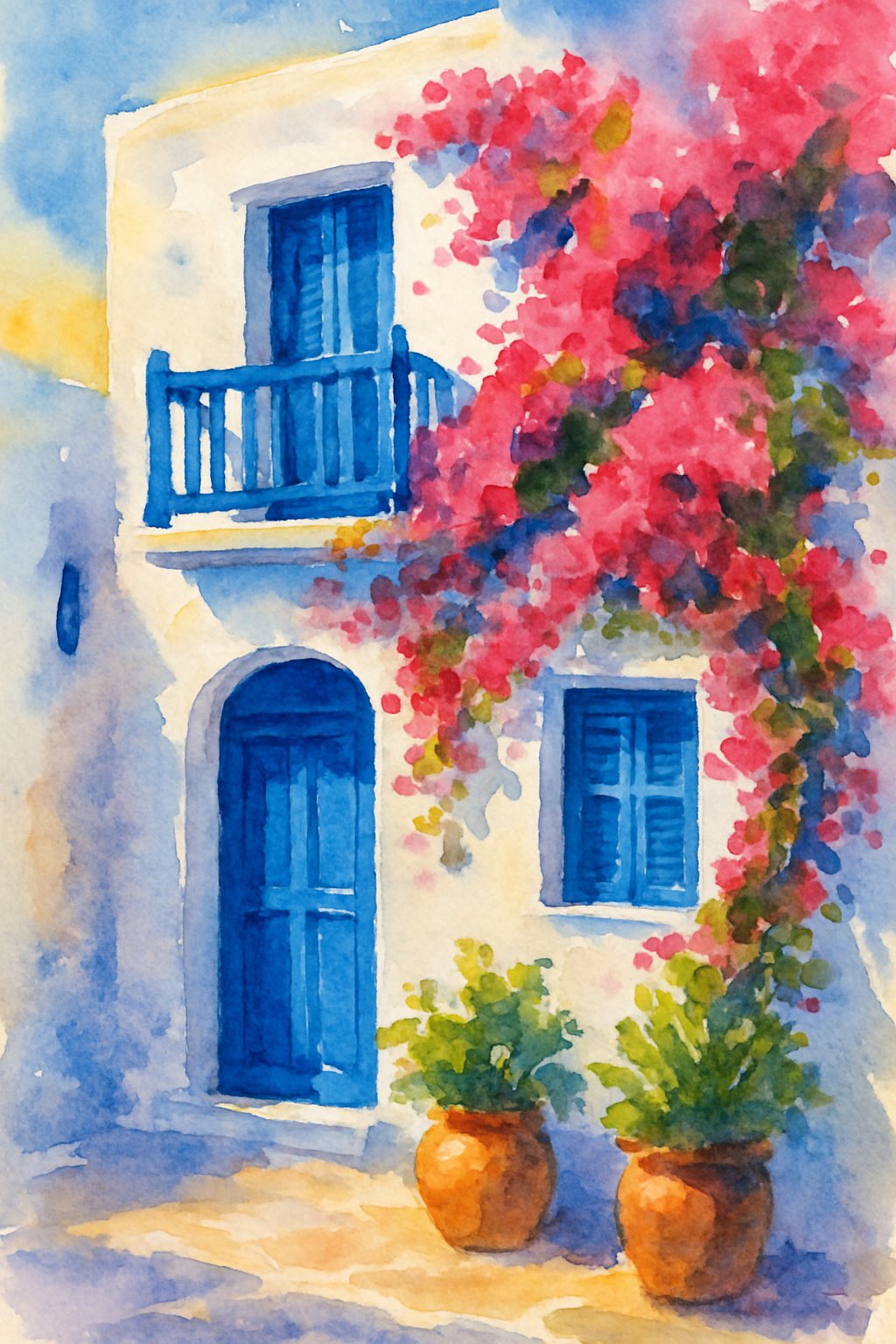 A white house with blue doors and windows surrounded by pink flowers and terracotta pots in a quiet seaside village.