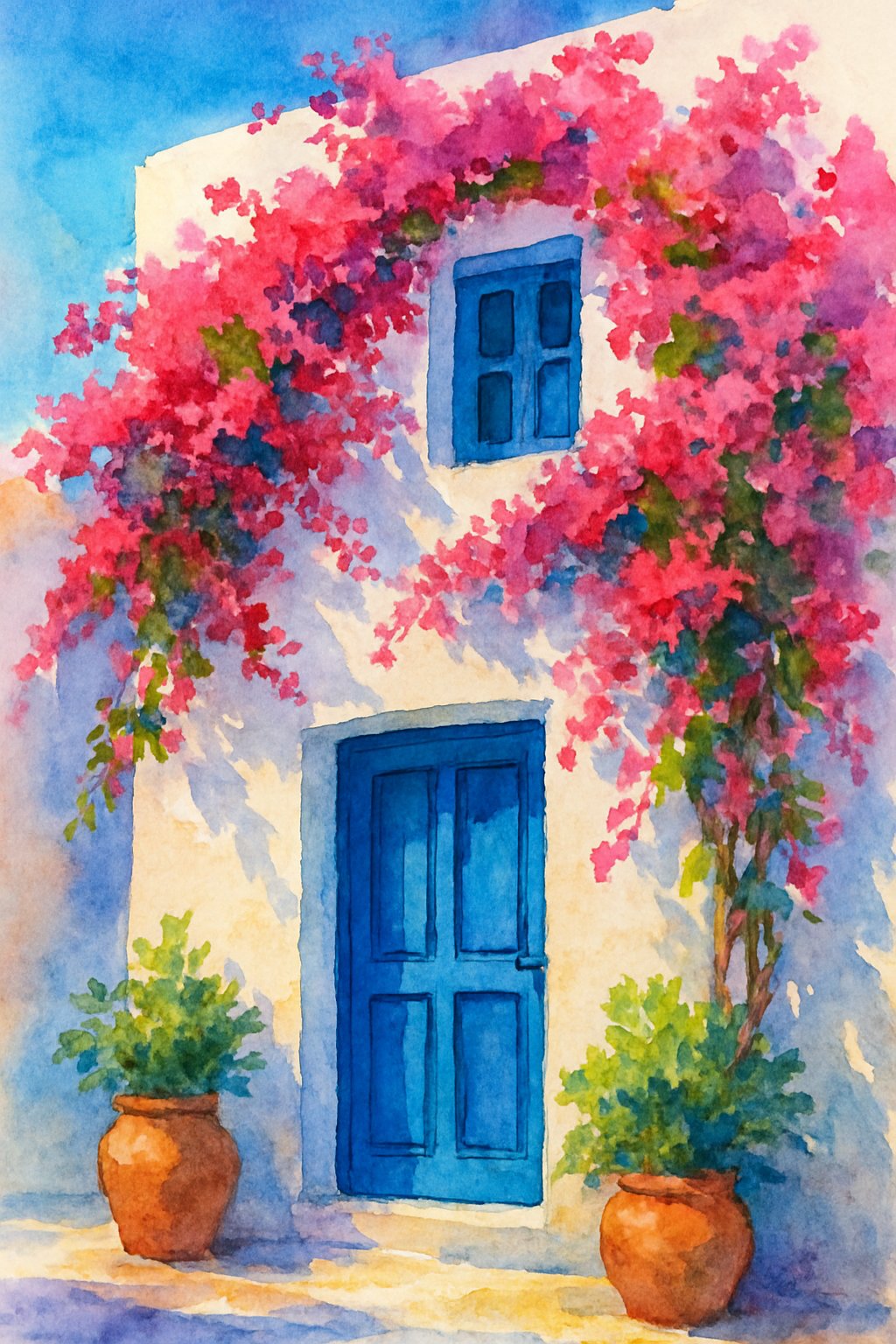 A white house with blue doors and windows surrounded by pink flowers and terracotta pots in a peaceful seaside village.