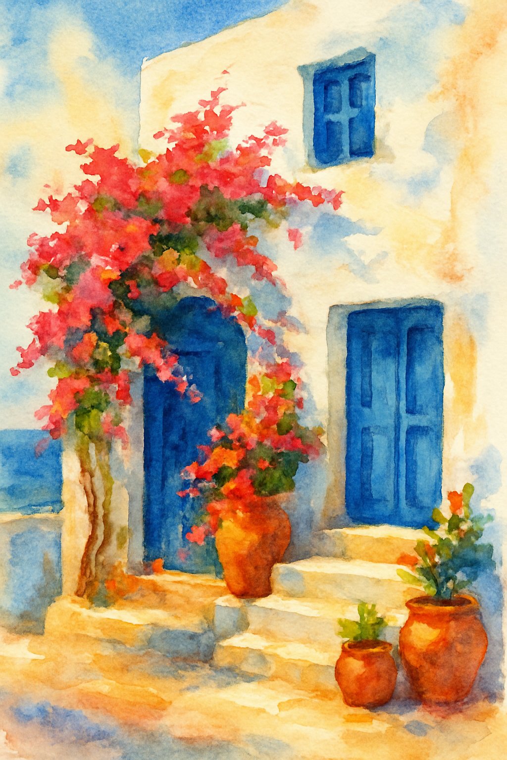 A whitewashed Greek island house with blue doors and windows, surrounded by blooming bougainvillea and terracotta pots, in a calm seaside village.