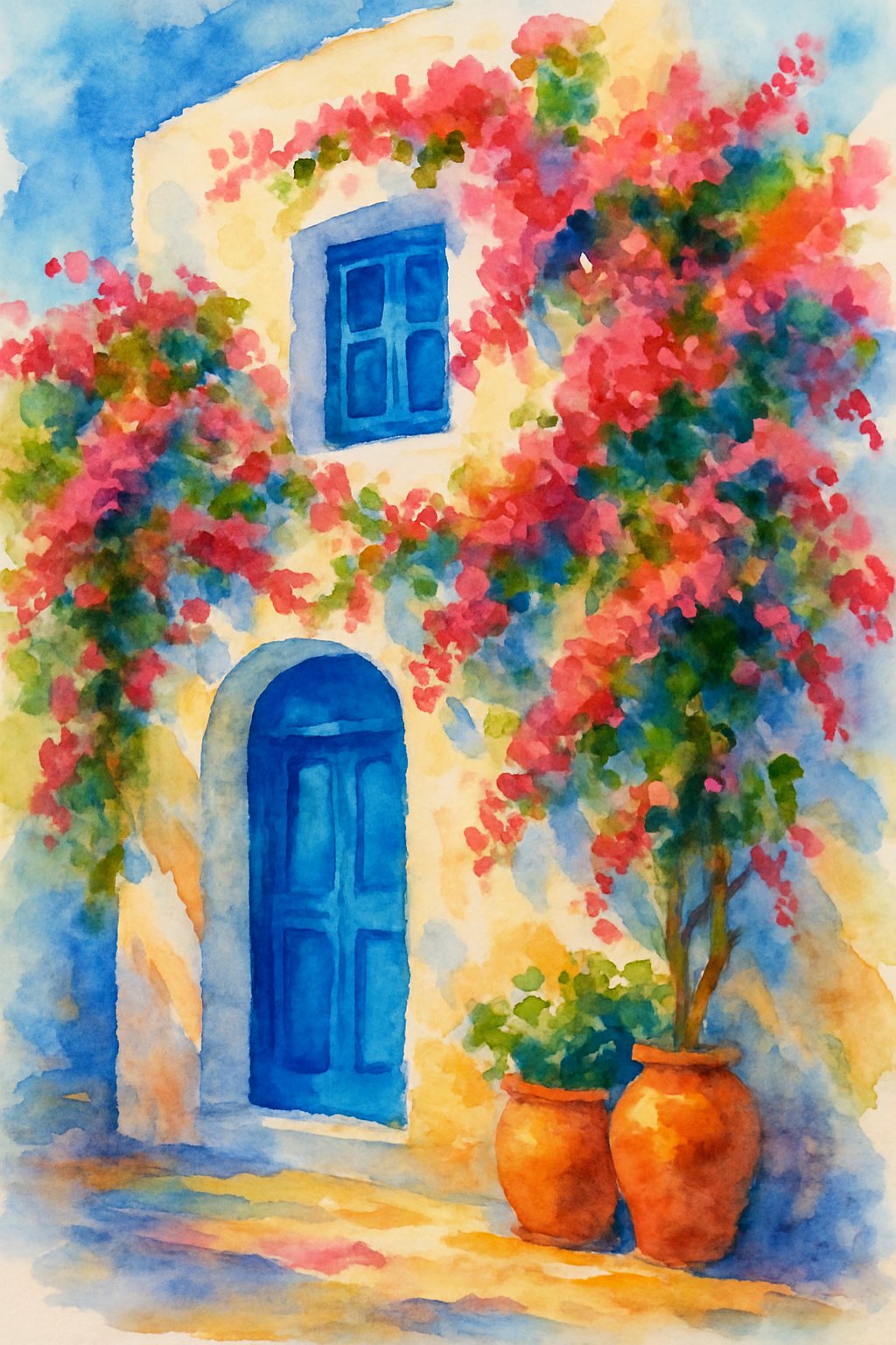 A white Mediterranean house with blue doors and windows, surrounded by blooming pink flowers and terracotta pots, set in a peaceful seaside village.