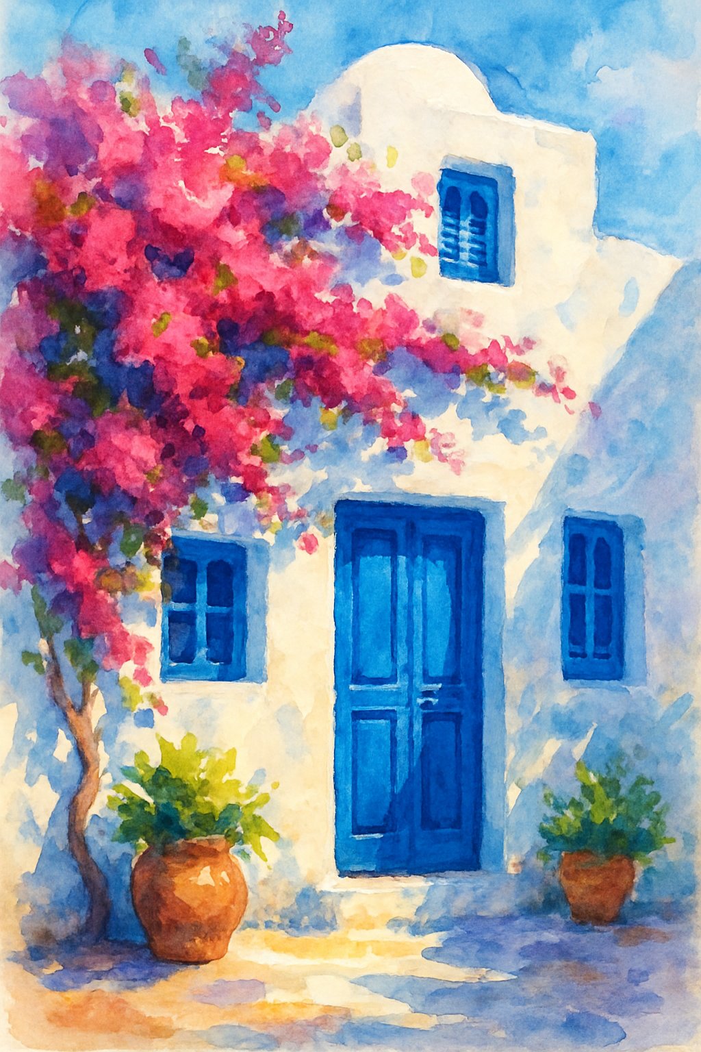 A whitewashed Greek island house with blue doors and windows, surrounded by pink bougainvillea flowers and terracotta pots, bathed in soft sunlight in a quiet seaside village.