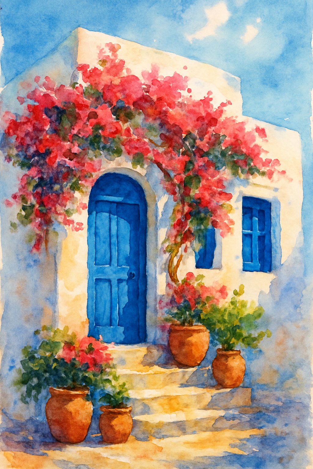 A whitewashed Greek island house with blue doors and windows, surrounded by blooming bougainvillea and terracotta pots, casting soft shadows in a peaceful seaside village.