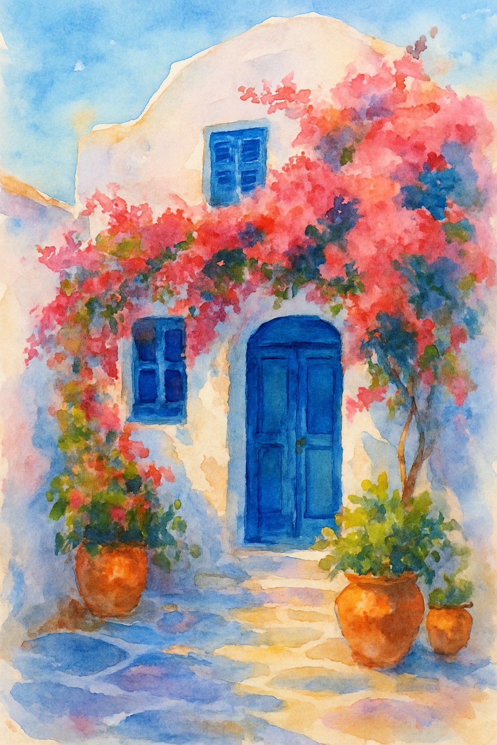 A white house with blue doors and windows surrounded by blooming pink flowers and terracotta pots in a quiet seaside village.