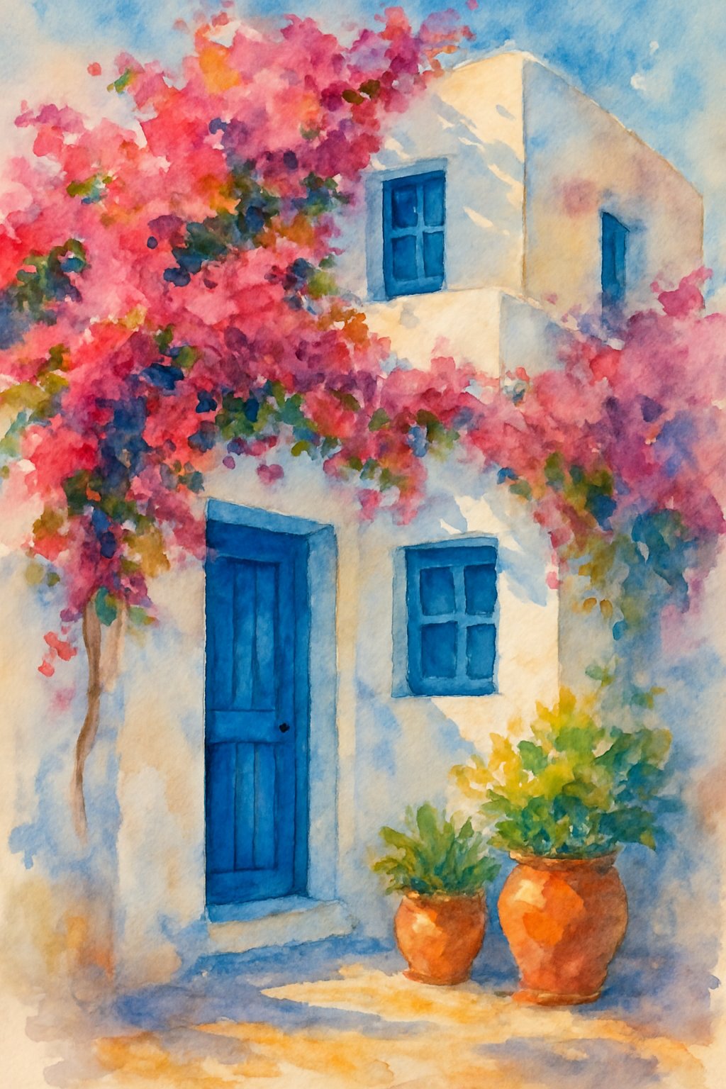 A white house with blue doors and windows surrounded by blooming pink flowers and terracotta pots in a peaceful seaside village.