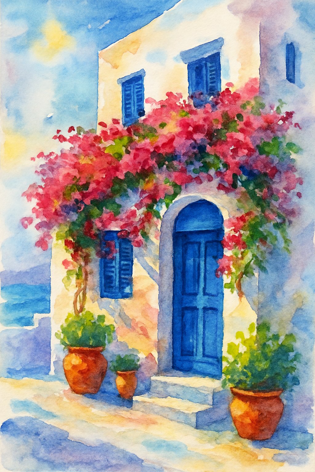 A whitewashed Greek island house with blue doors and windows, surrounded by blooming bougainvillea and terracotta pots in a calm seaside village.