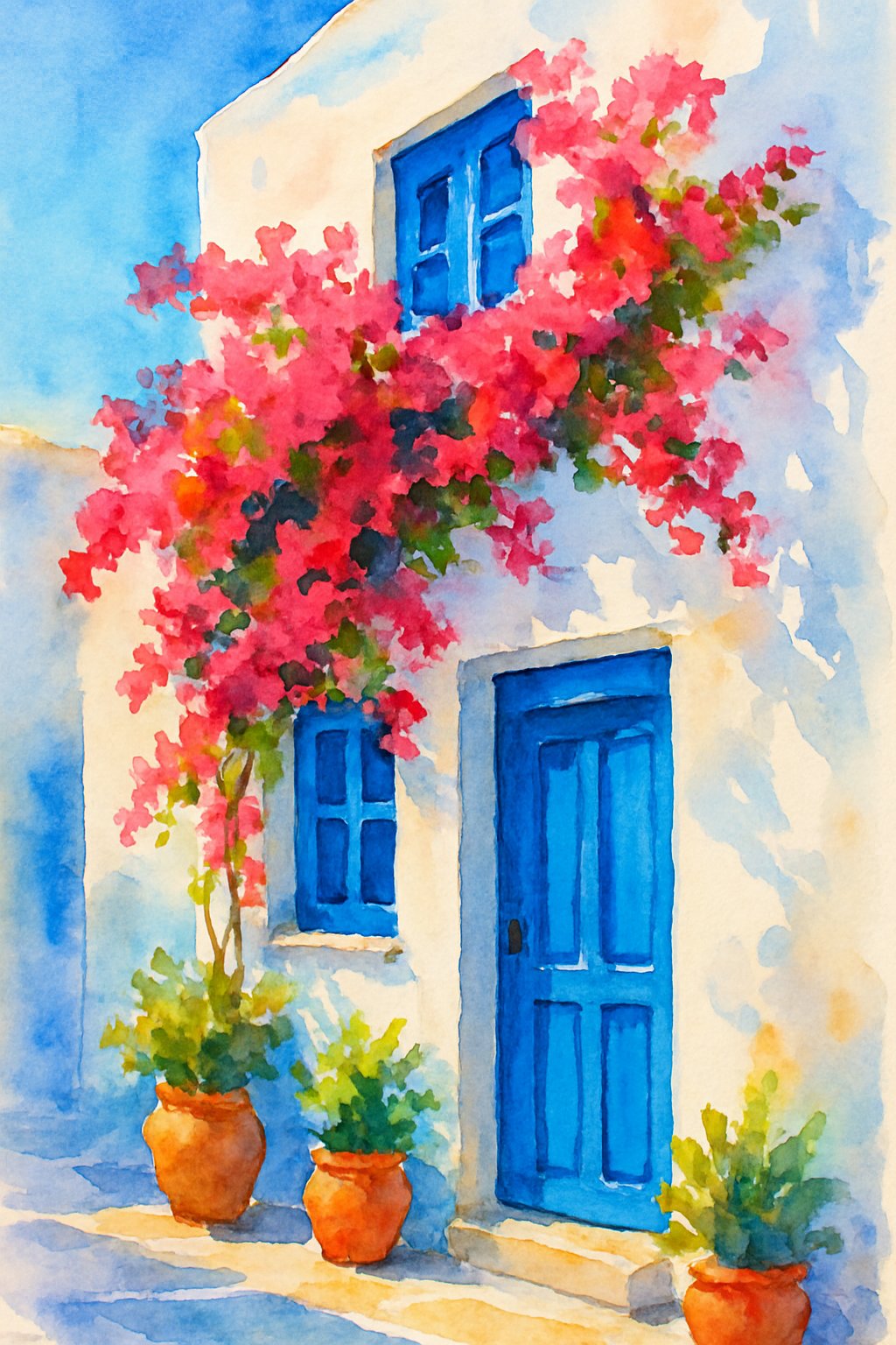 A white house with blue doors and windows surrounded by pink flowers and terracotta pots in a quiet seaside village.