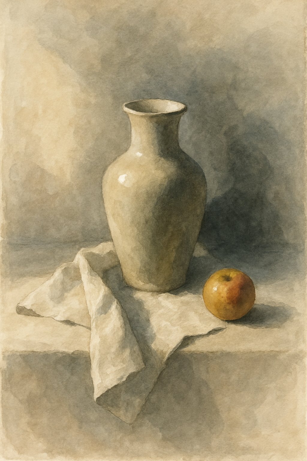A still life scene with a ceramic vase, folded cloth, and a small fruit on a plain background, showing natural light casting soft shadows.
