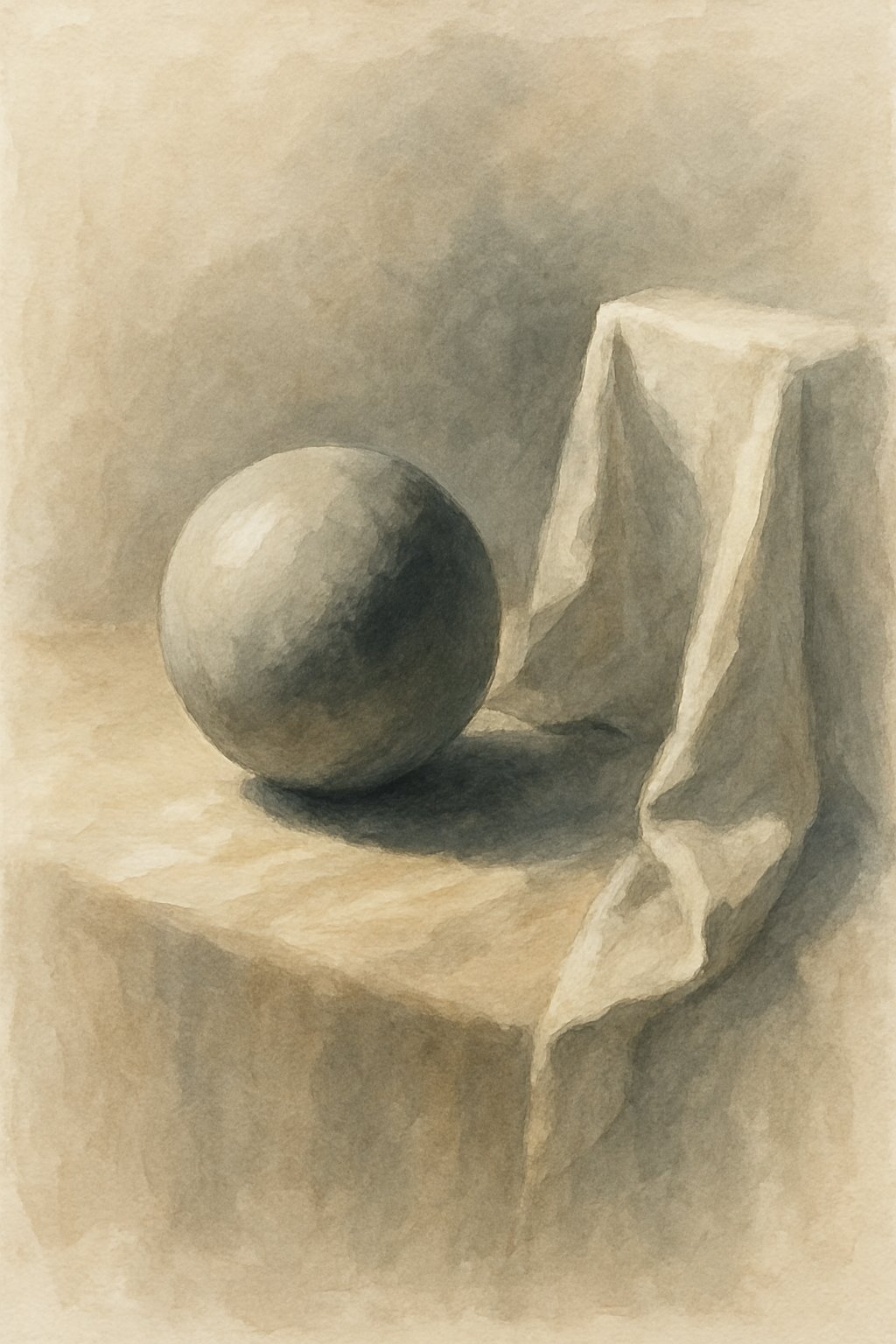 A painting study showing natural light casting shadows on a sphere and draped fabric against a plain background.