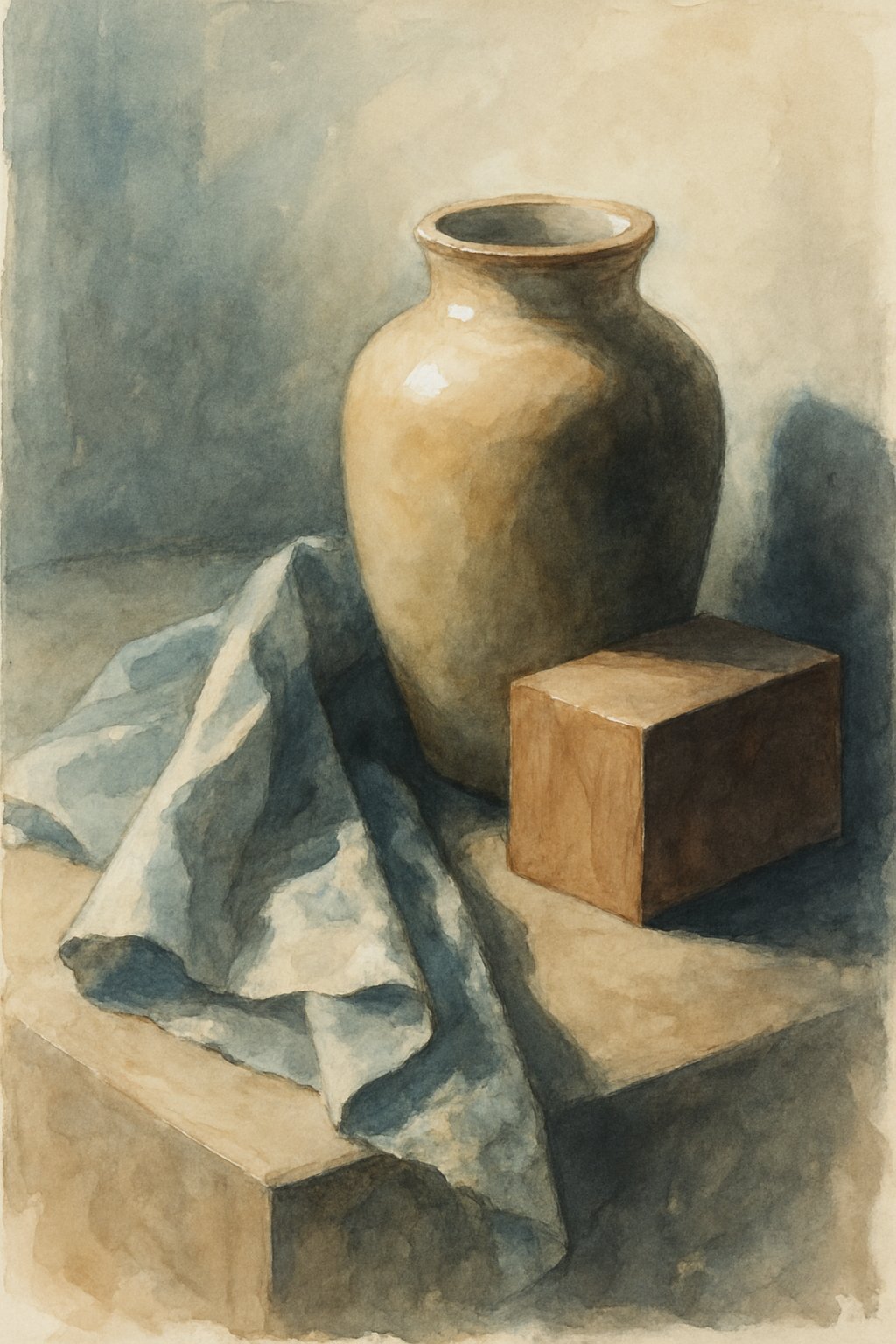 A still life scene showing a vase, folded cloth, and wooden block with natural light casting realistic shadows on a plain background.