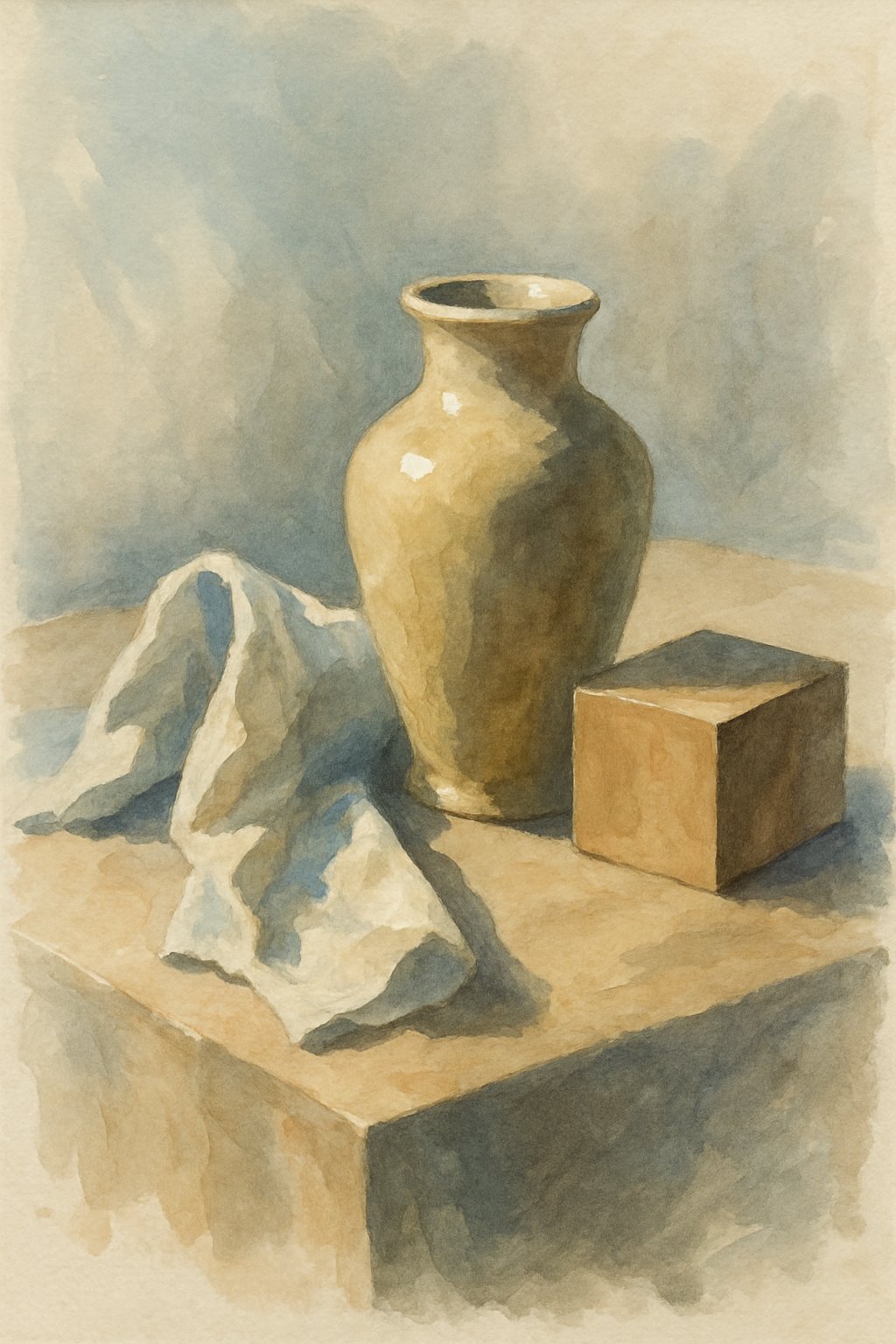 A still life arrangement of a ceramic vase, cloth, and wooden block on a flat surface with natural light casting soft shadows.