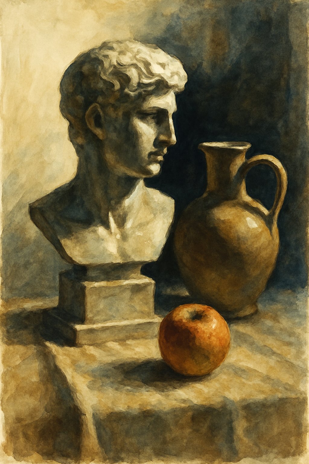 A still life scene with objects illuminated by natural light, showing clear shadows and highlights on a simple background.