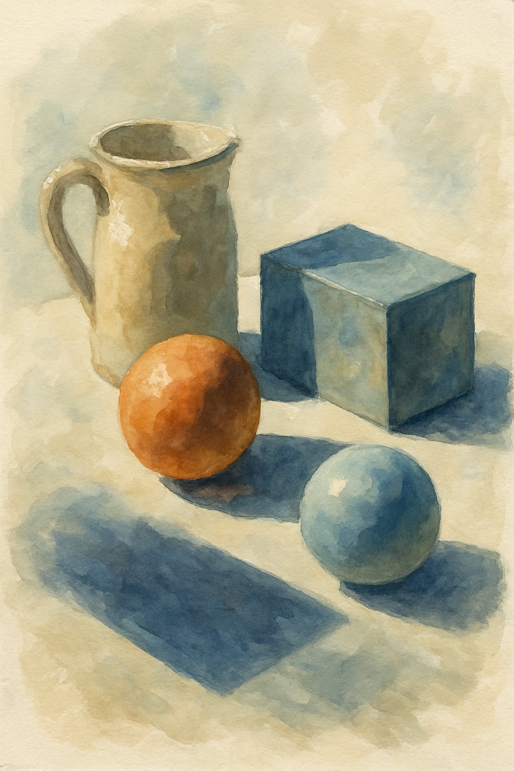 Still life arrangement of objects casting natural shadows with varying light and dark areas on a plain background.
