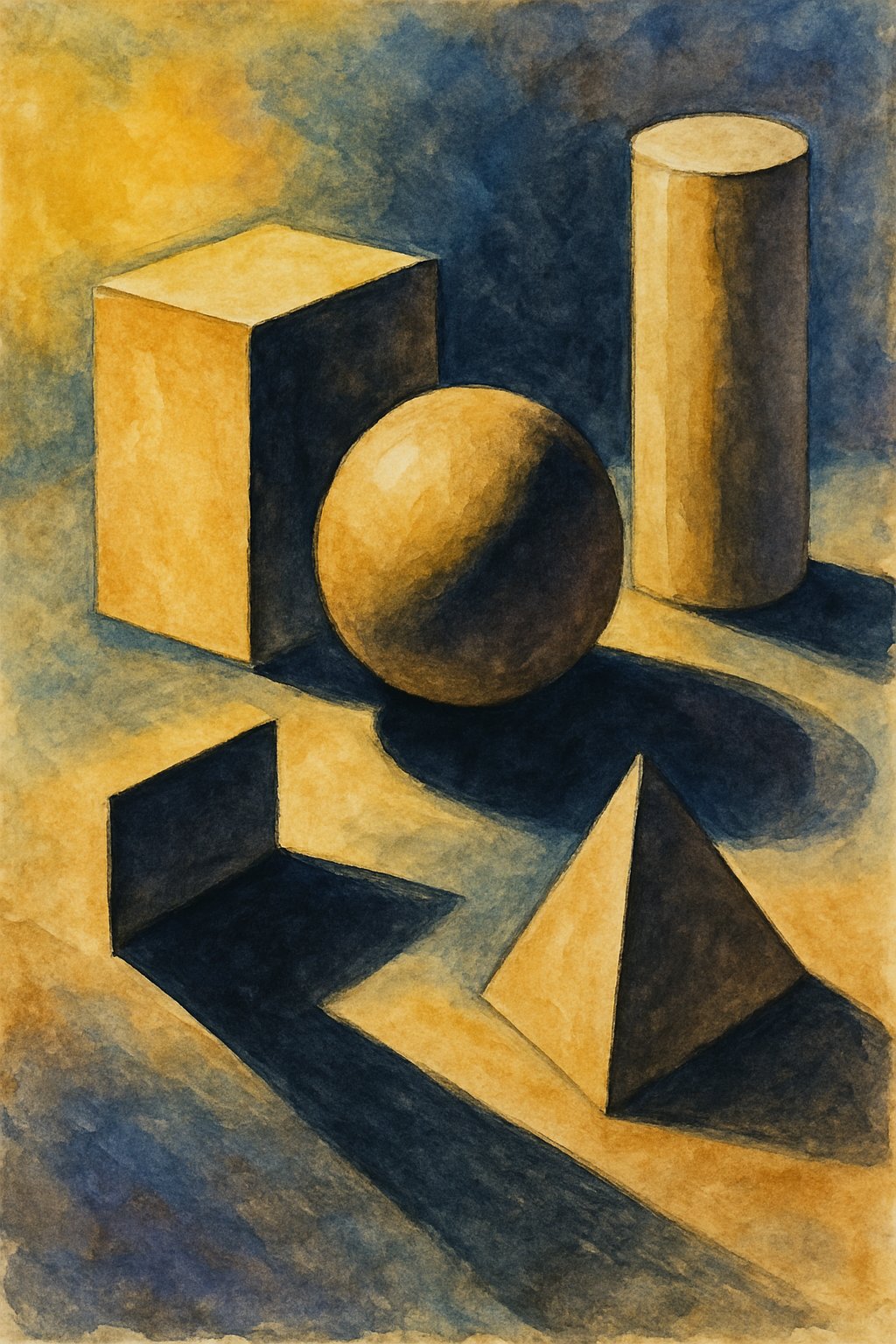 A detailed painting showing objects with strong light casting realistic shadows, highlighting how light and shadow interact on different surfaces.