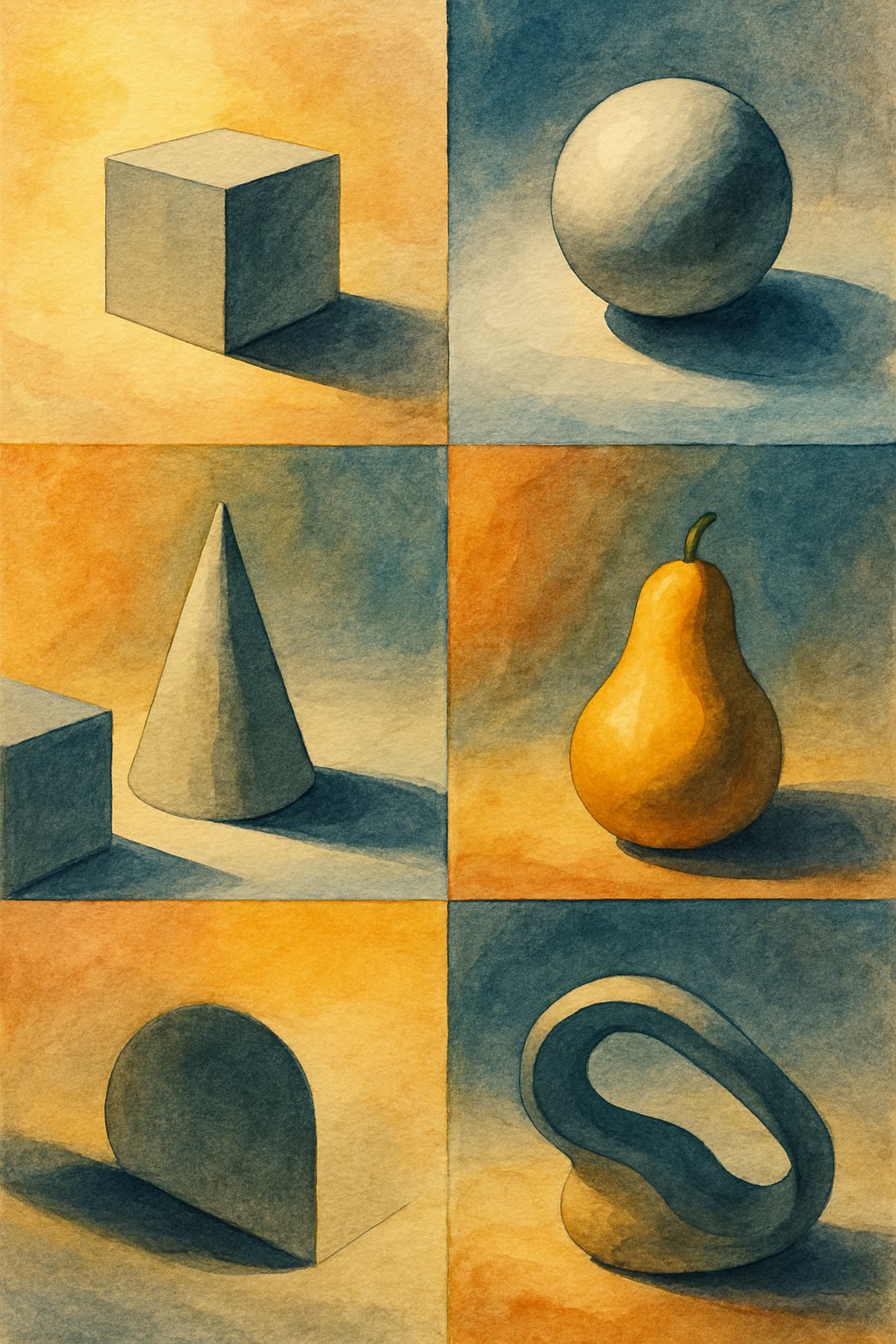 A detailed painting showing different examples of shadows cast by various objects under light, arranged in a step-by-step instructional layout.