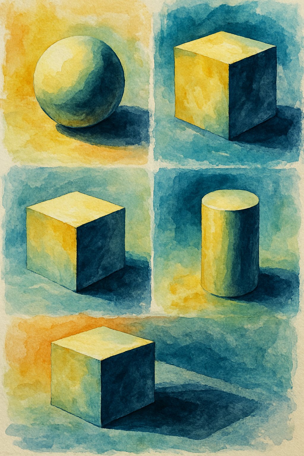 A step-by-step painting scene showing the gradual development of shadows in watercolor on textured paper, with areas of light and dark illustrating shadow placement and depth.