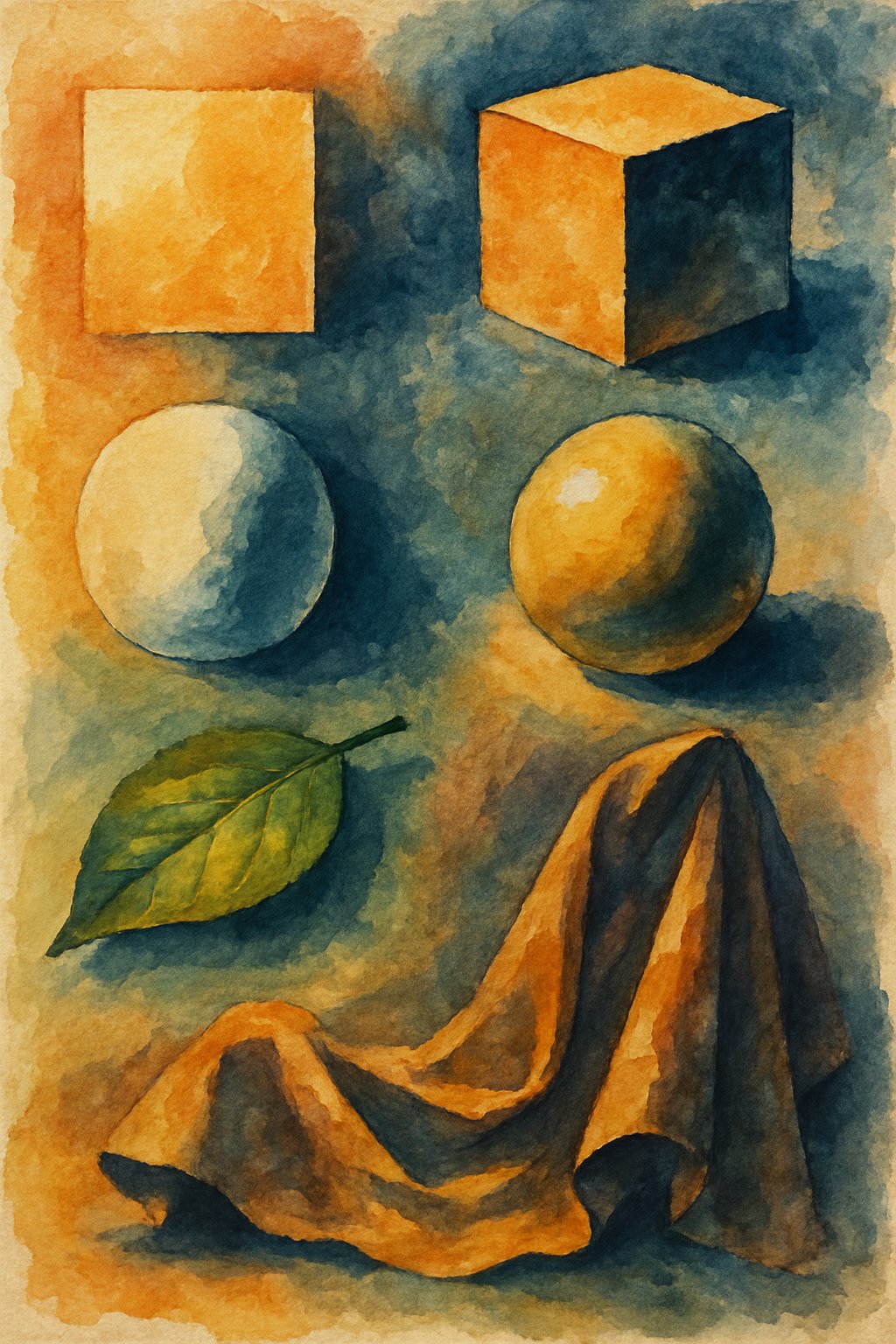 A step-by-step painting study showing how shadows are painted on shapes and natural objects under strong light, with visible brushstrokes and textured surfaces.