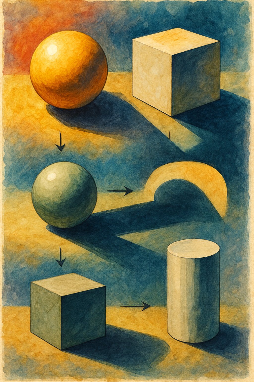 A still life arrangement of geometric shapes casting realistic shadows on a surface under bright light.