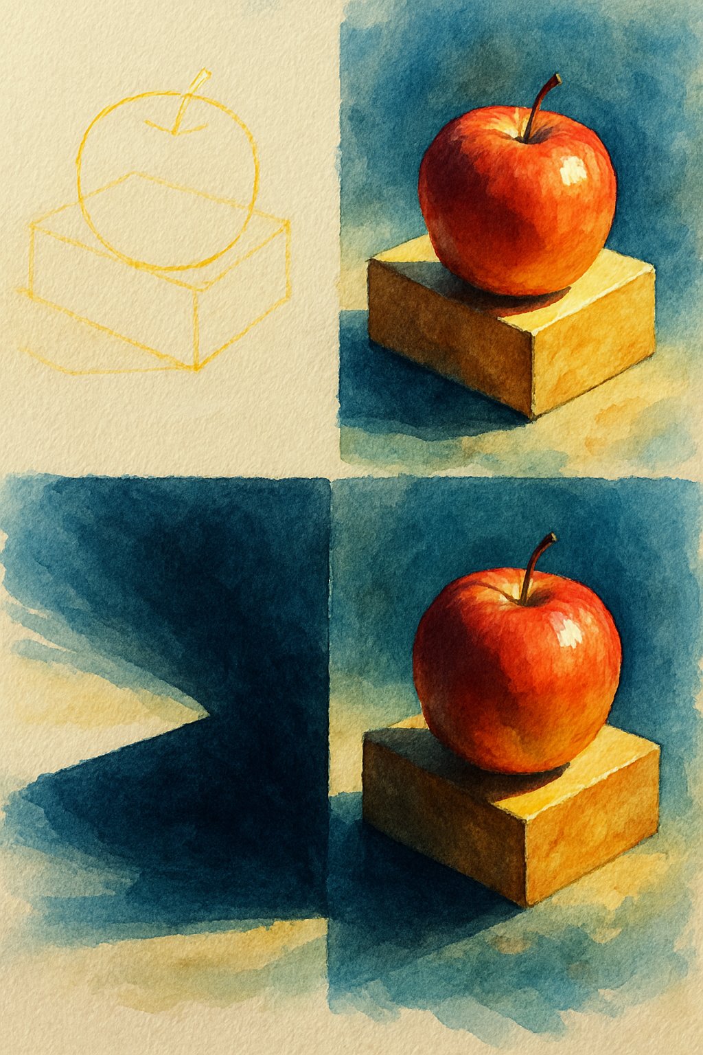A detailed painting showing a still life with strong light and shadow contrasts, highlighting the effects of shadows and highlights on the subject.
