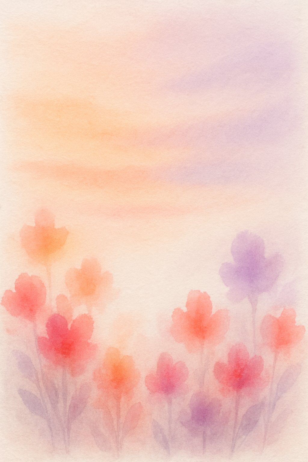 A simple watercolor painting of a sunset gradient with warm colors blending into soft floral shapes on a white background.