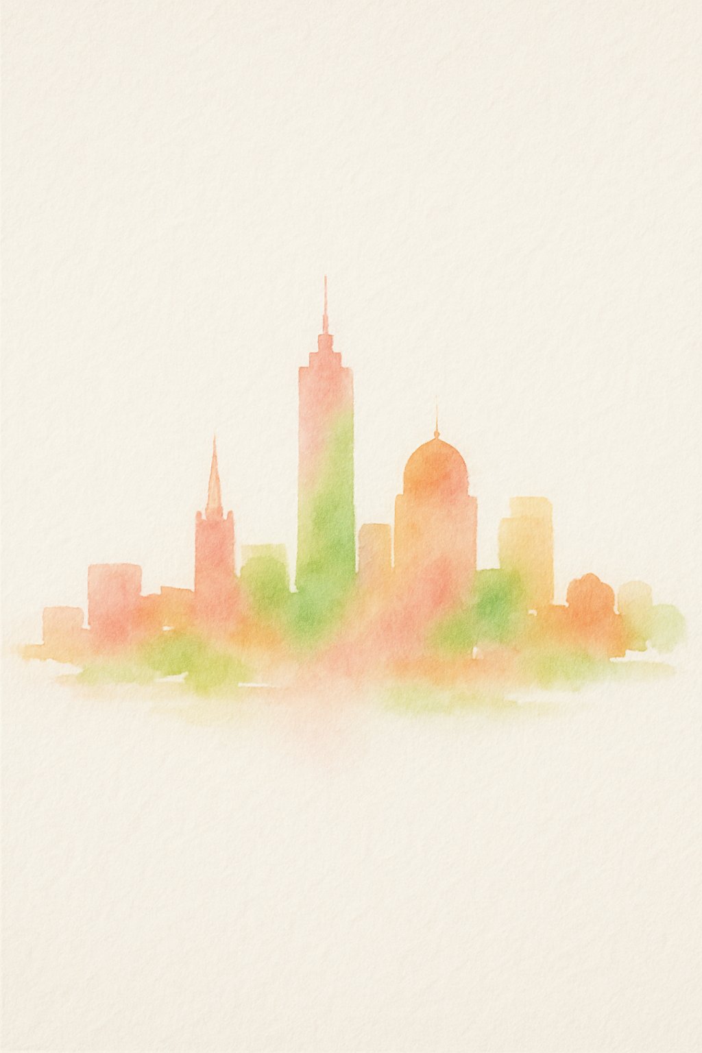 A simple city skyline with buildings spaced apart against a white background, featuring colorful floral accents.