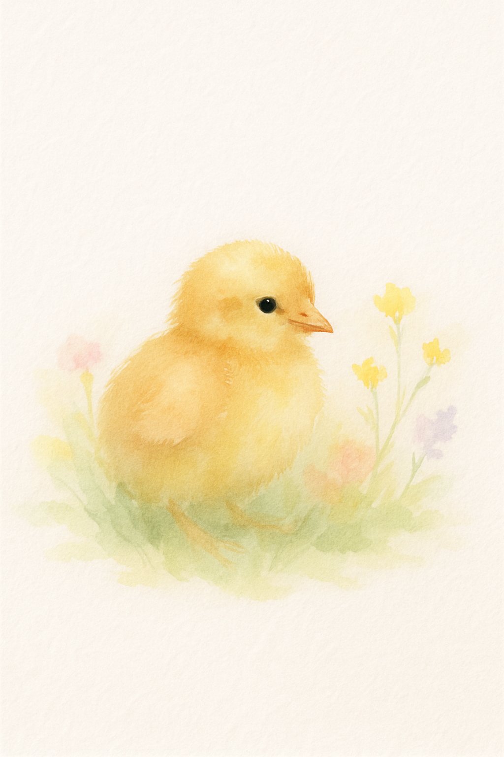 A small chick sitting in green grass with colorful flowers around it on a white background.