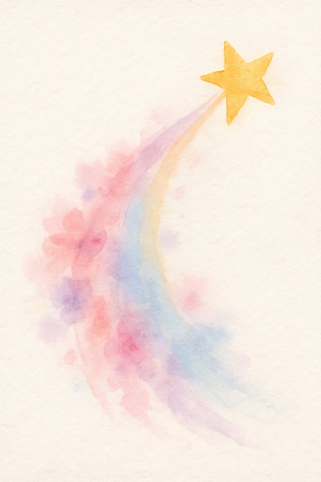 A shooting star trail gently arcs across a white background with small vibrant floral accents around it.