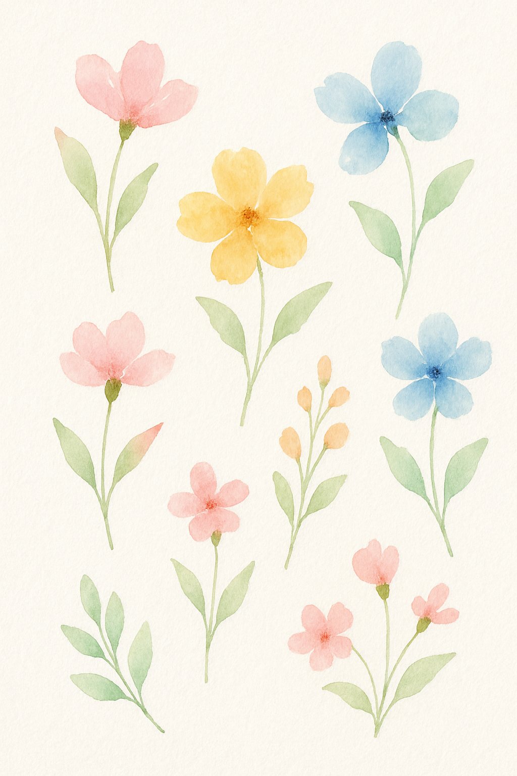 A simple painting of colorful flowers with soft petals and leaves on a white background.